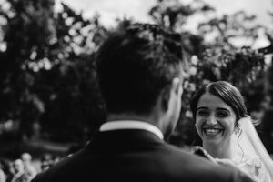 bride in Jesus Peiró dress at Quinta da Eira