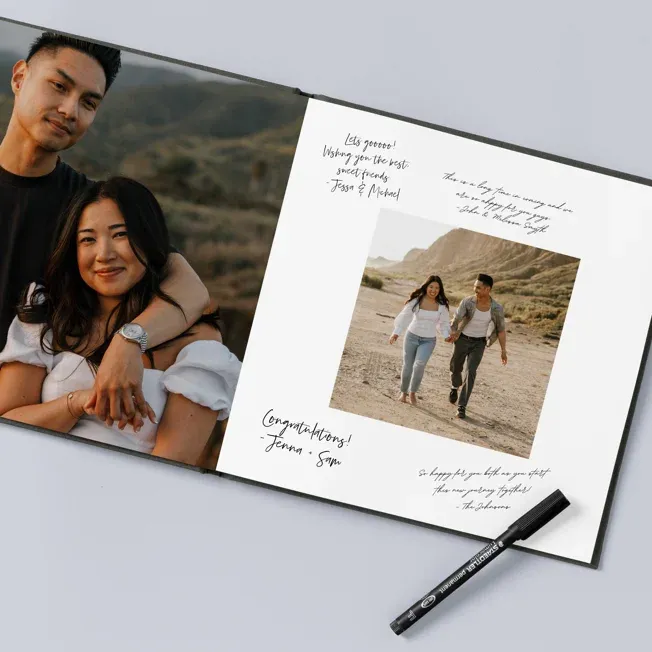 Mpix wedding guestbook with custom photo cover and layflat pages — designed for guests to leave personal notes on the wedding day.