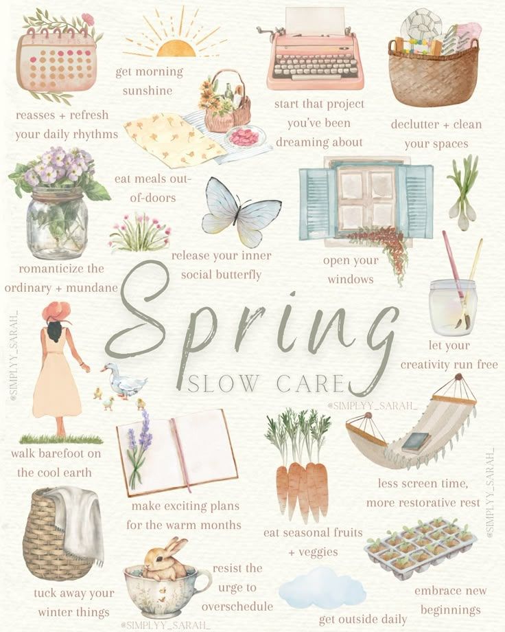 A whimsical spring care illustration featuring vintage items like typewriter, flowers, hammock, garden tools and butterflies.