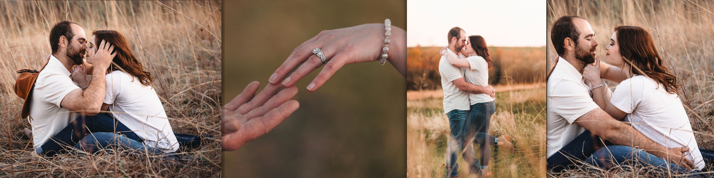 A collage of romantic outdoor moments and ring details in warm golden light during an engagement photoshoot.