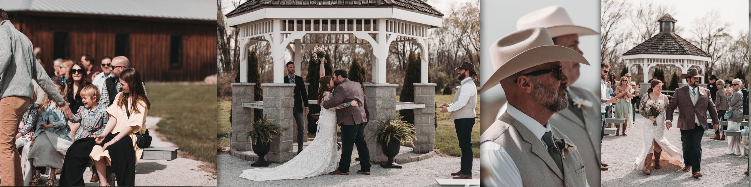 A three-panel collage captures candid moments from a rustic outdoor wedding celebration at a gazebo venue.
