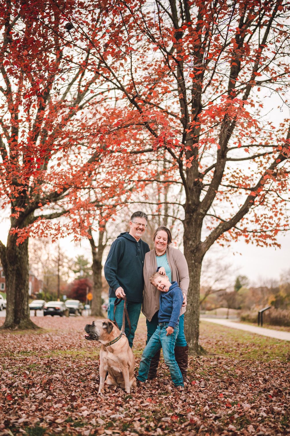 A couple stands with their brown dog under vibrant red autumn trees with fallen leaves scattered on the ground in Wheaton, MD.