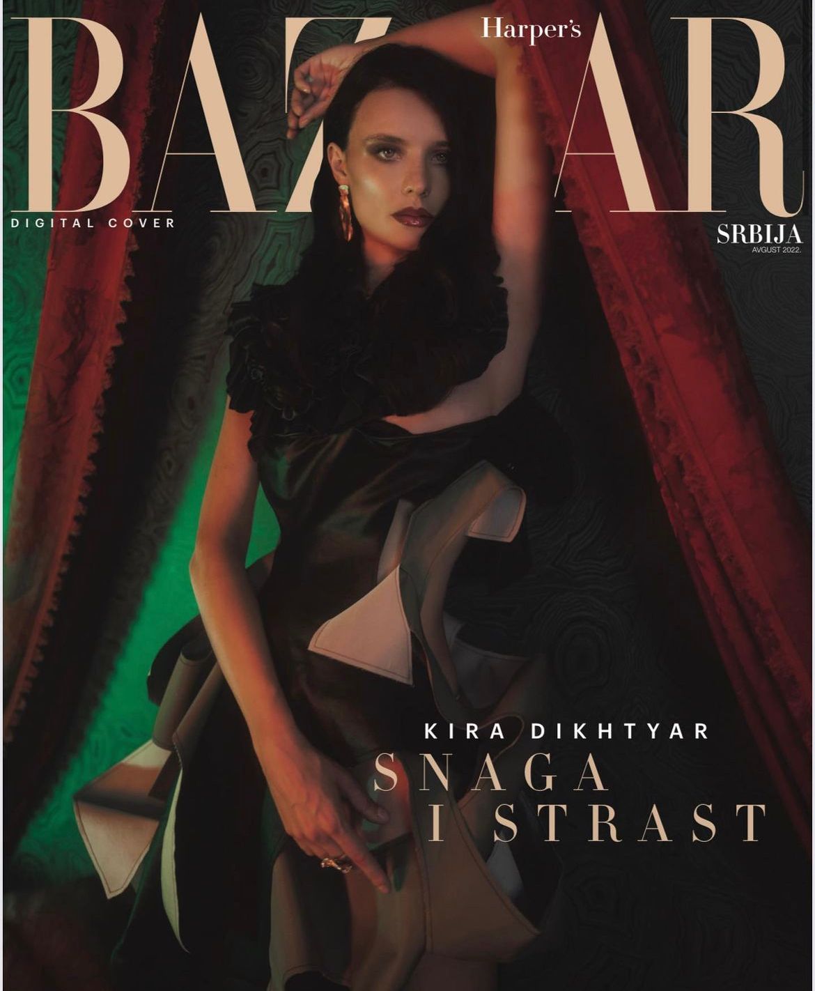 Harper's Bazaar magazine cover series with dramatic lighting and styling.