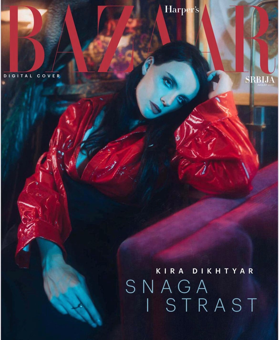 Fashion magazine cover showing model in glossy red patent leather against dark background.