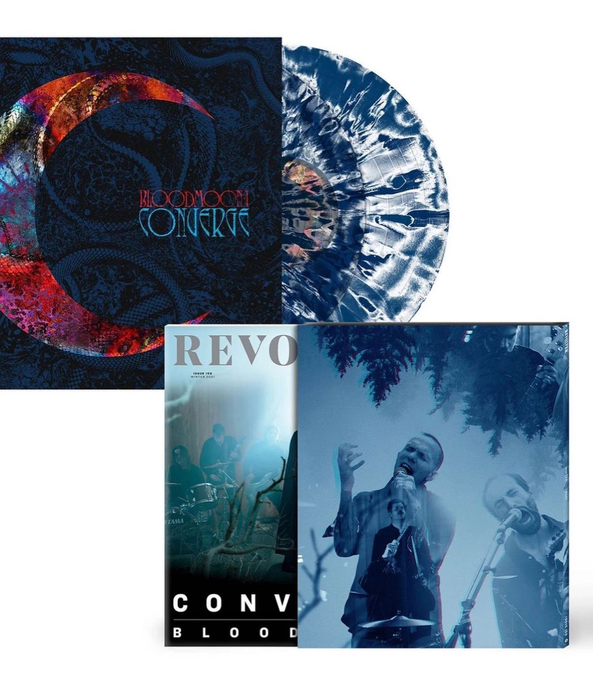 Album artwork and vinyl record with blue and white marbled pattern design.