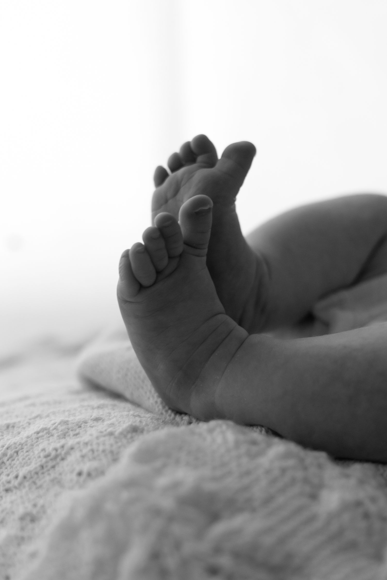 Close-up black and white photo of tiny baby feet resting on soft, textured fabric.