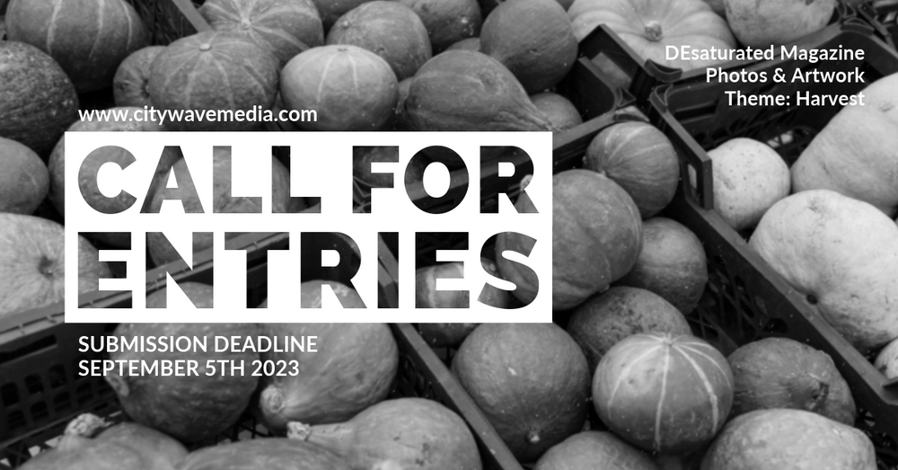 Black and white promotional image for photography competition with pumpkins in background.