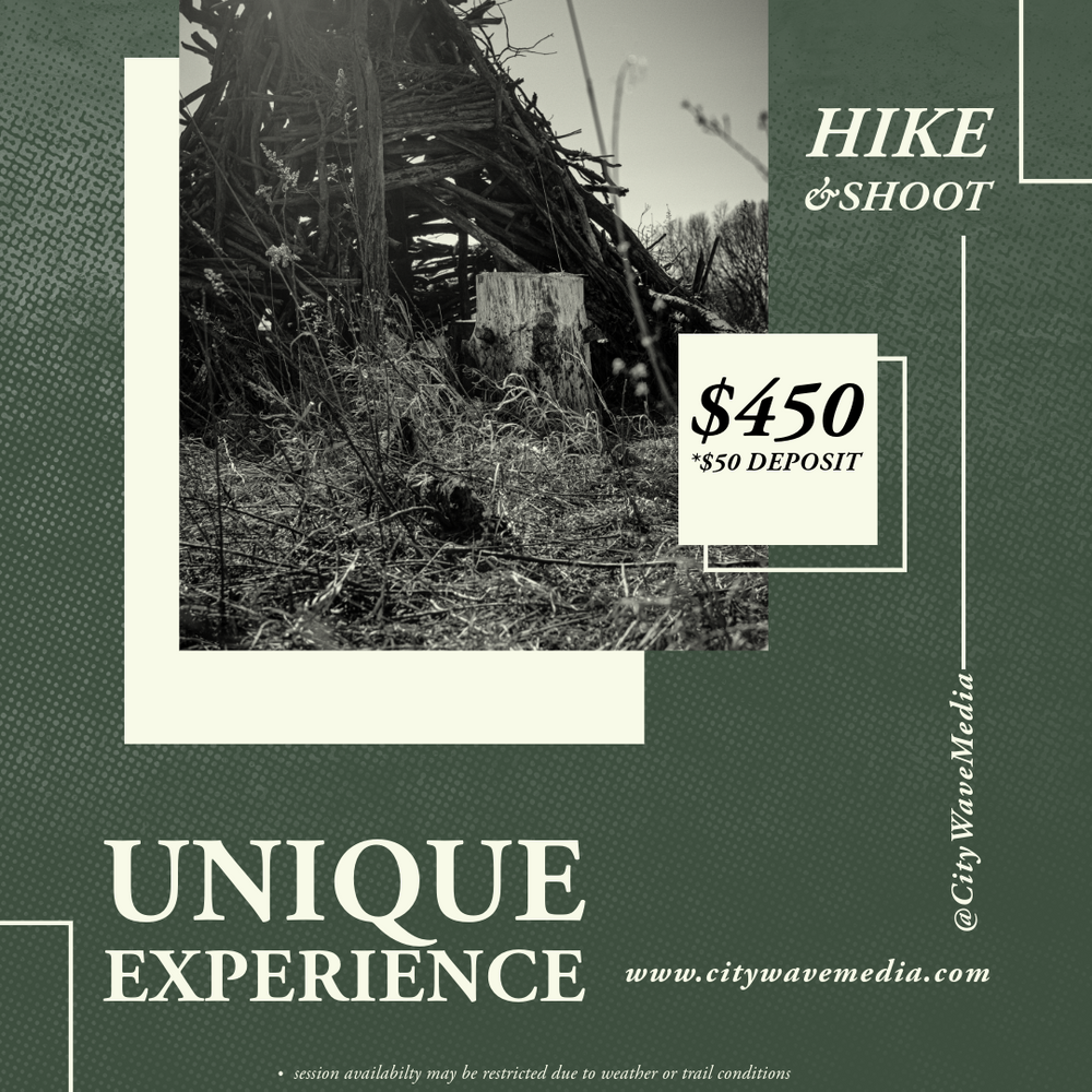 Green and black promotional advertisement for a unique hiking and photography experience priced at $450.
