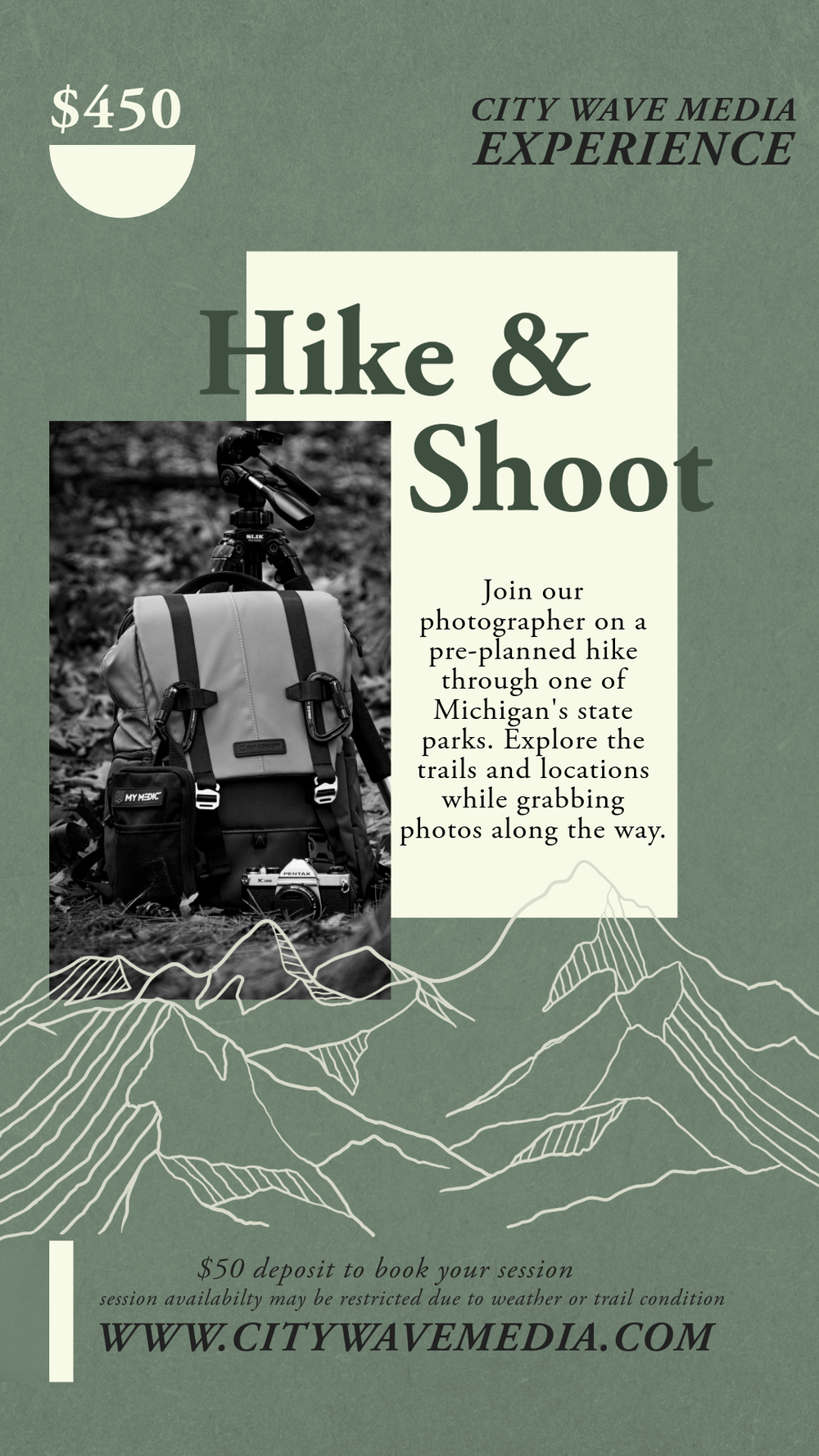Adventure photography promotional flyer featuring camera gear and mountain illustrations.