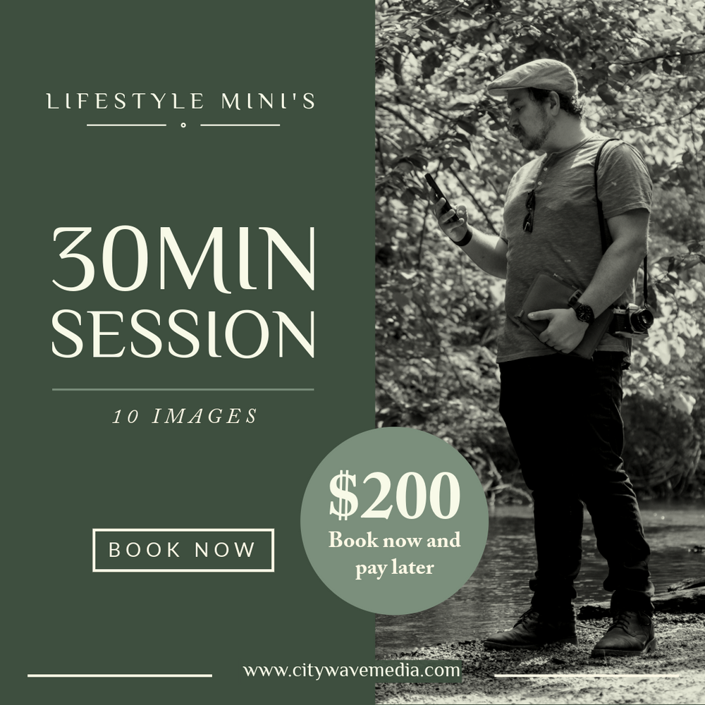 Lifestyle mini photography session advertisement offering 30 minute shoots with 10 images for $200.