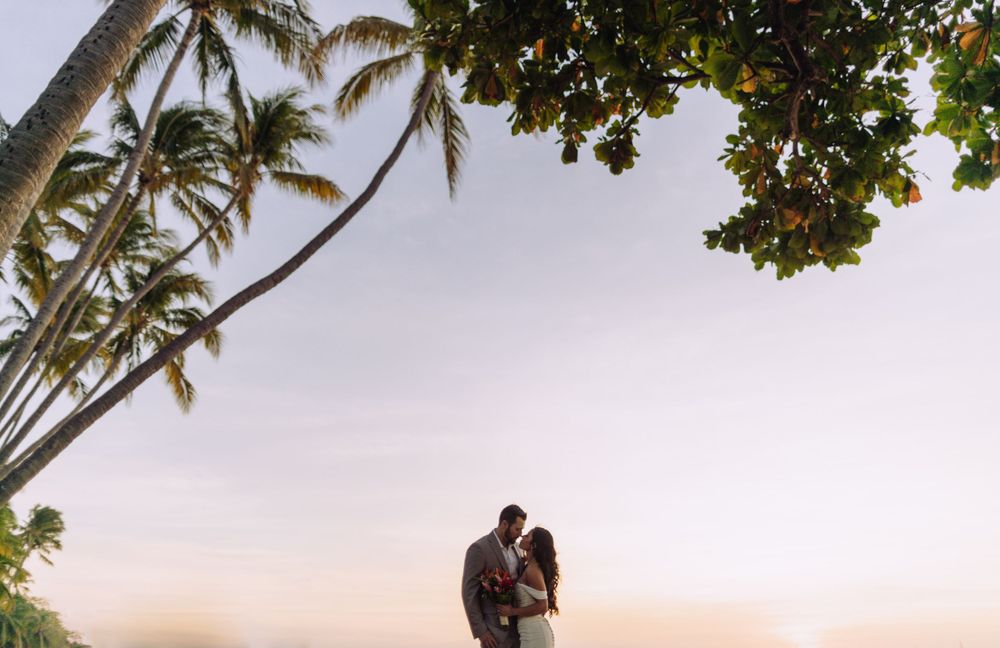 Silhouetted couple embracing under palm trees at sunset.