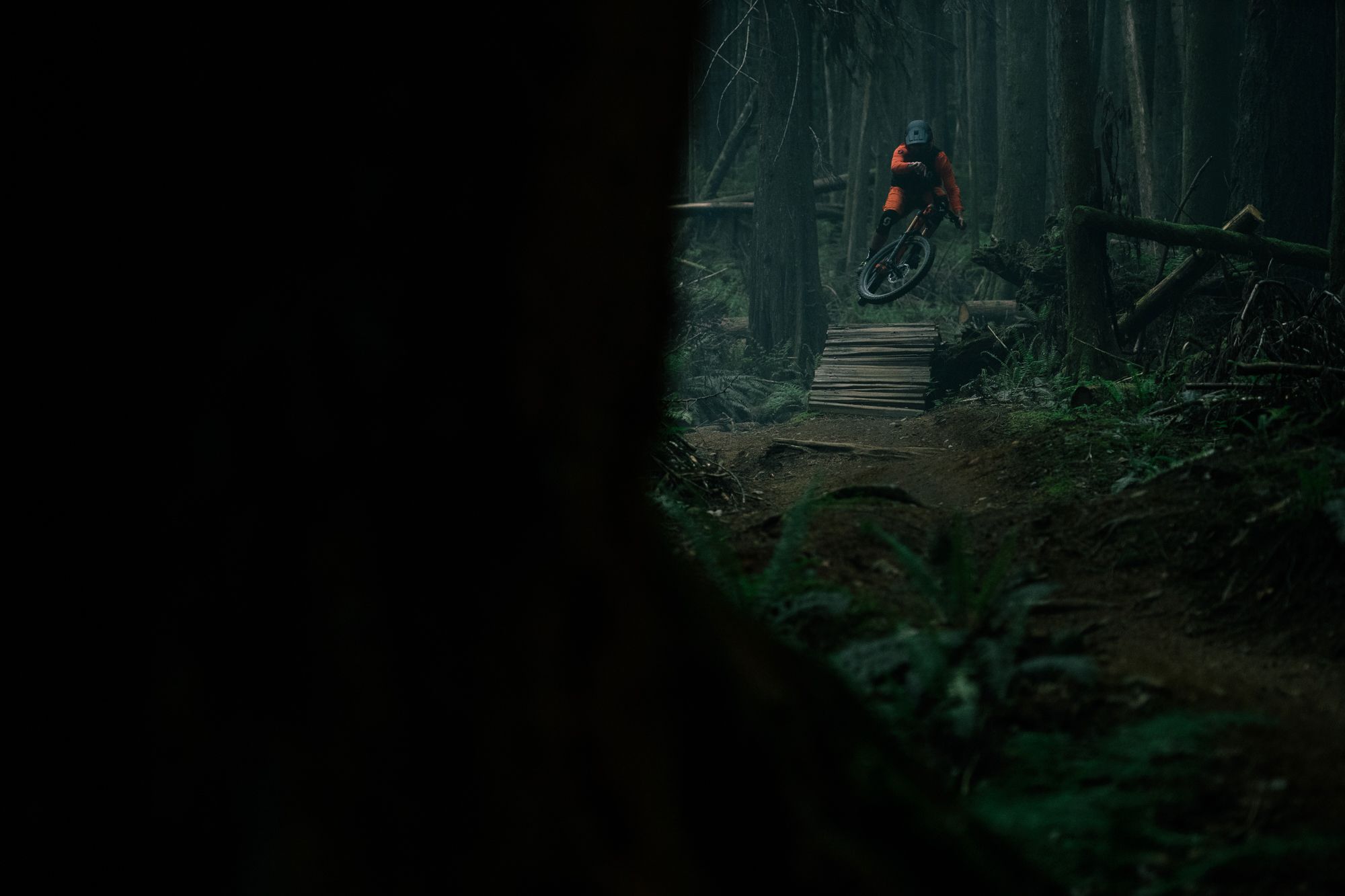 Mountain biker Joel Ducrot navigating a wooden bridge through misty forest terrain.