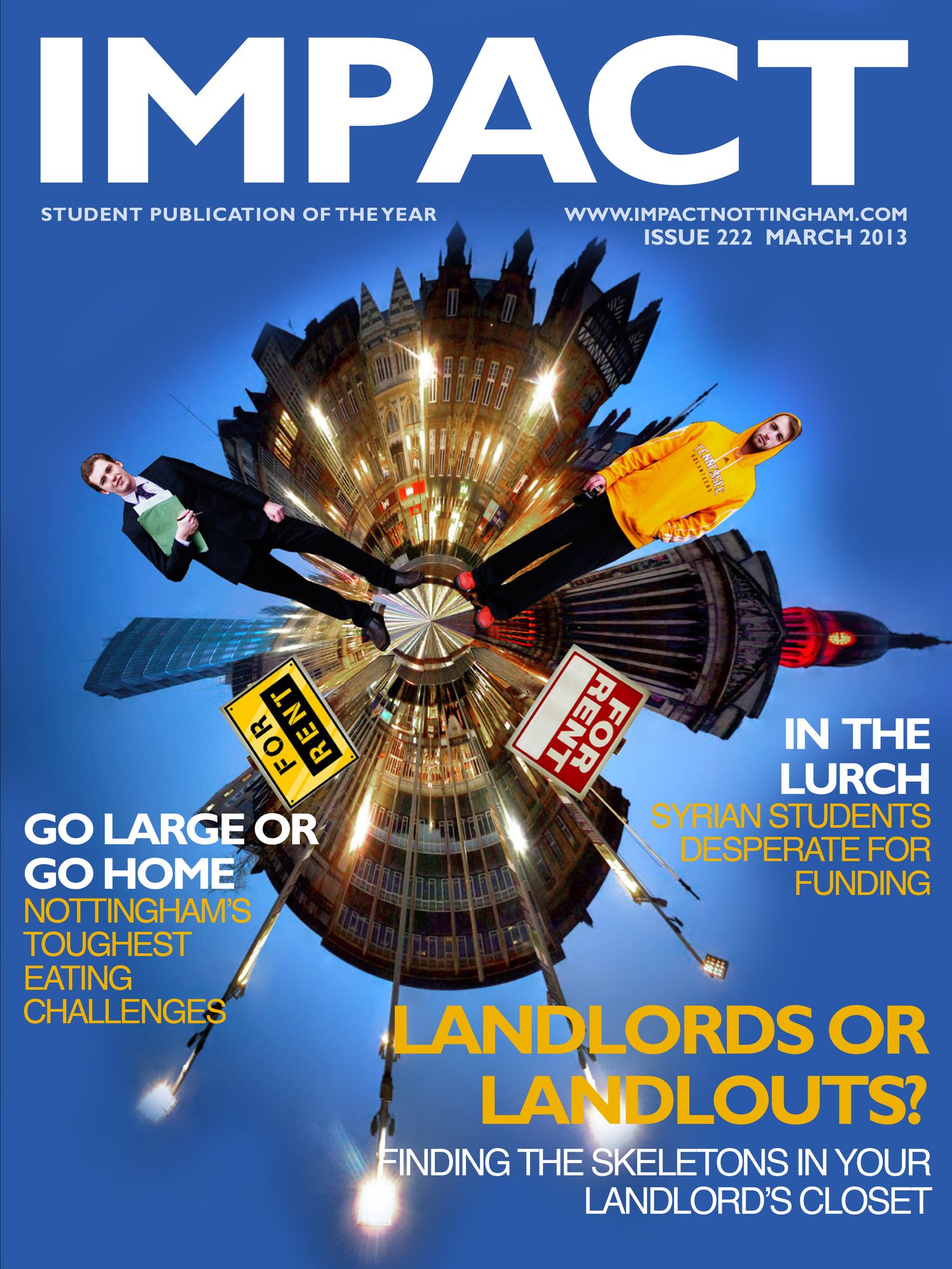 Impact magazine cover featuring cityscape design and headlines about housing and landlords at the University of Nottingham