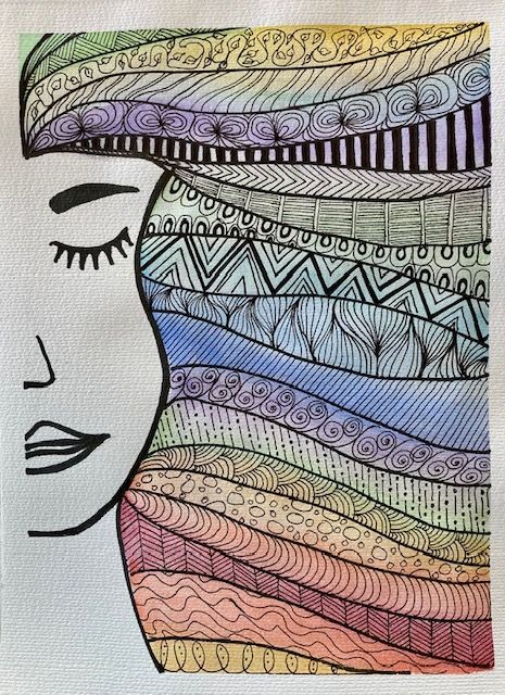 Abstract line art with colorful patterned waves creating a profile silhouette.