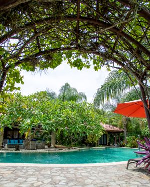 Infinity pool with panoramic views of the mountains and lush vegetation in a dream property in Atenas.