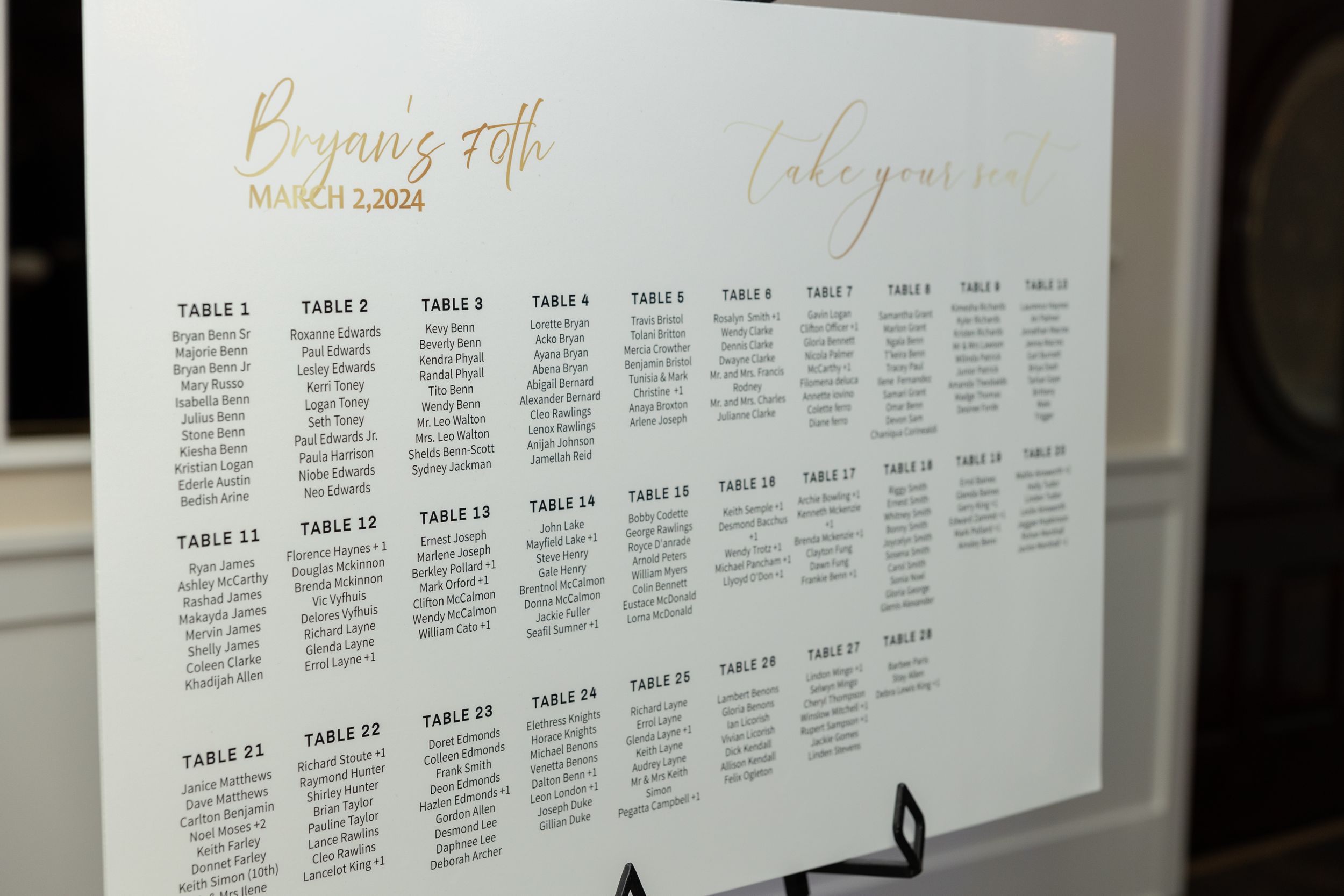 Gold text seating chart arrangement displayed on white board for event planning.