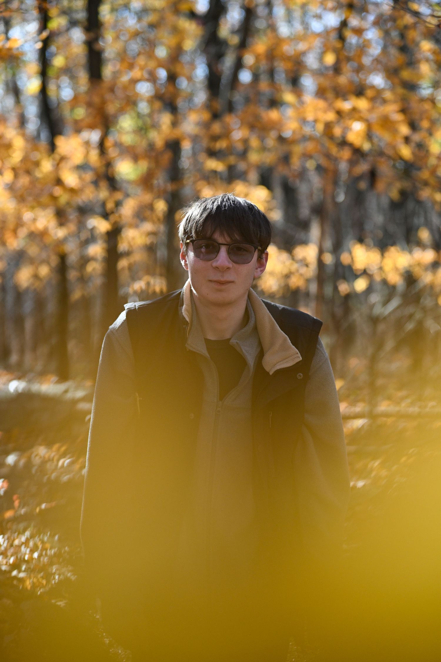 portrait of a young man in front of fall foliage, the bottom of the image fading into yellow