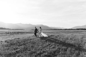 A bride and groom walk hand in hand across a scenic mountain meadow in black and white.