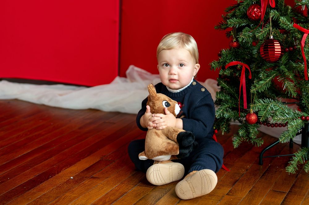 Cute toddler in navy outfit sitting on wood floor hugging a Rudolph stuffed toy by a Christmas tree.