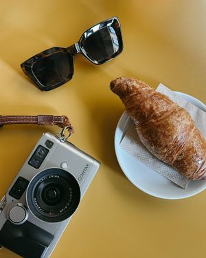A photo showing a croissant and vintage camera on a golden-toned surface.