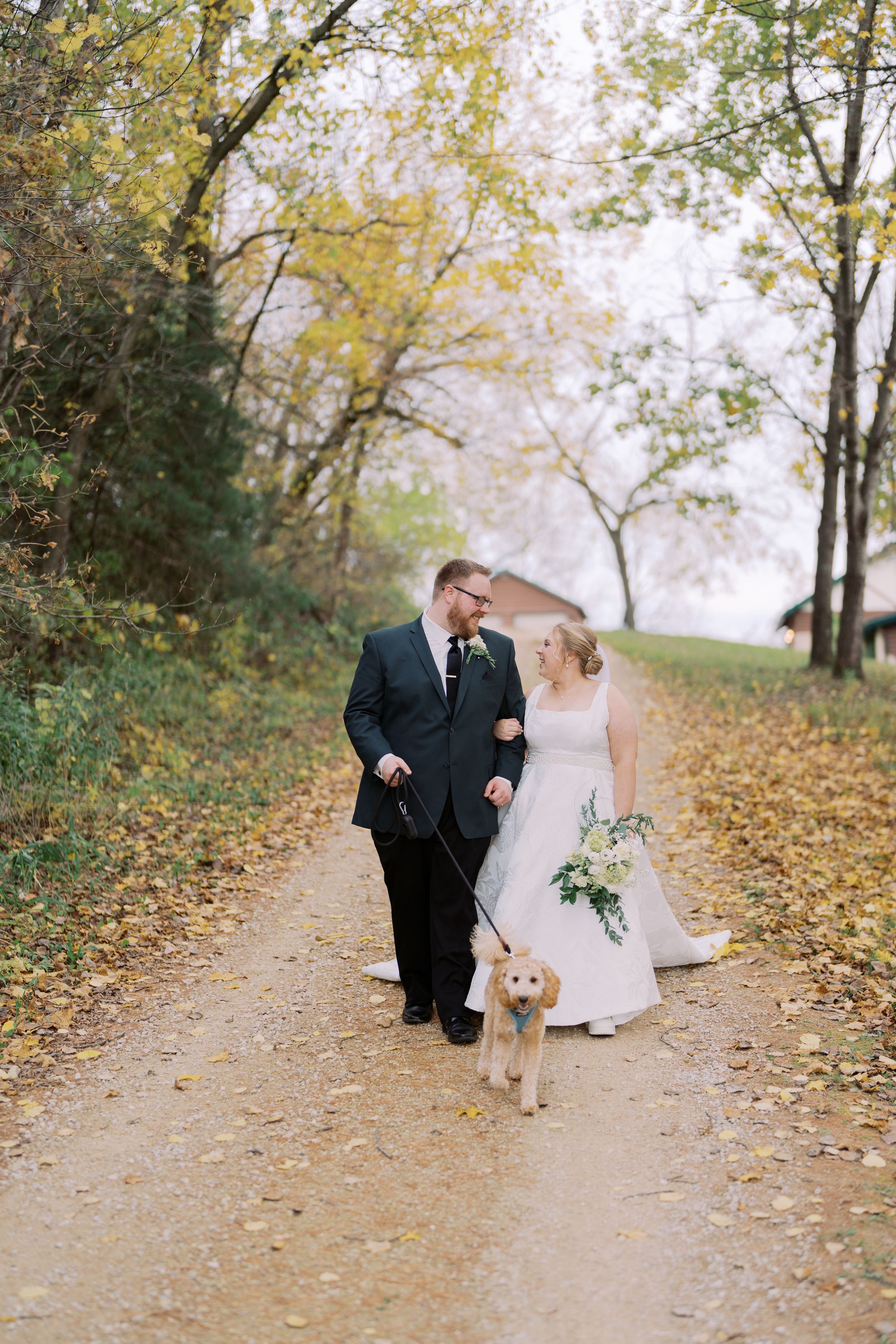 A couple in wedding attire walks down an autumn path with their dog amid yellow falling leaves.