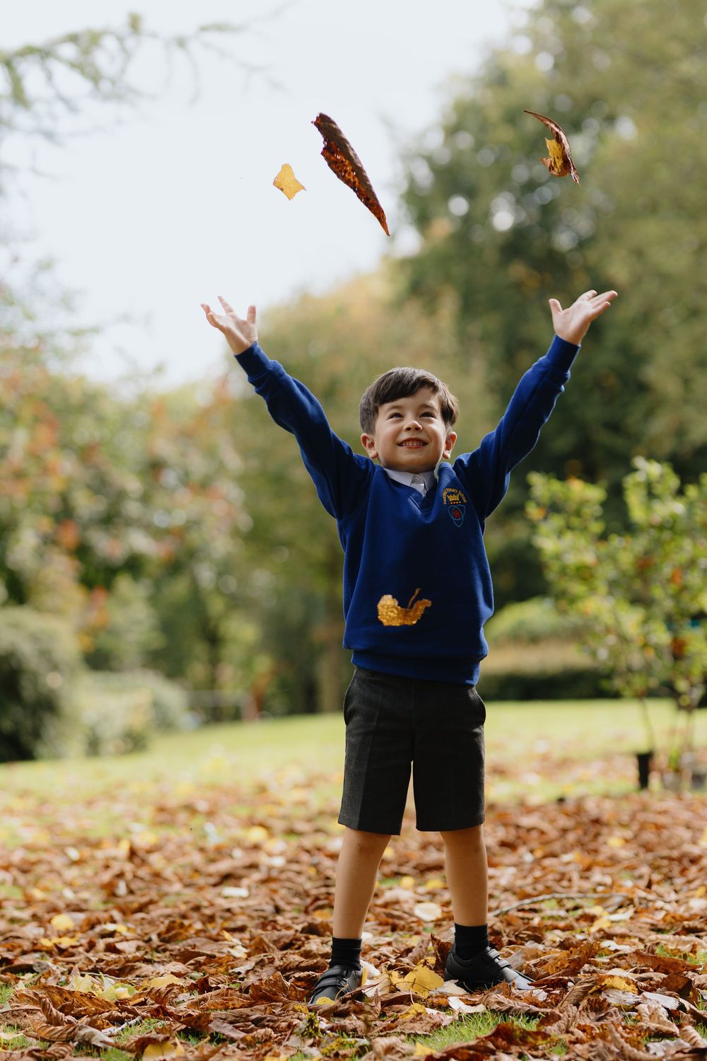 Child in blue sweater throws autumn leaves in the air while standing on fallen foliage in a park.