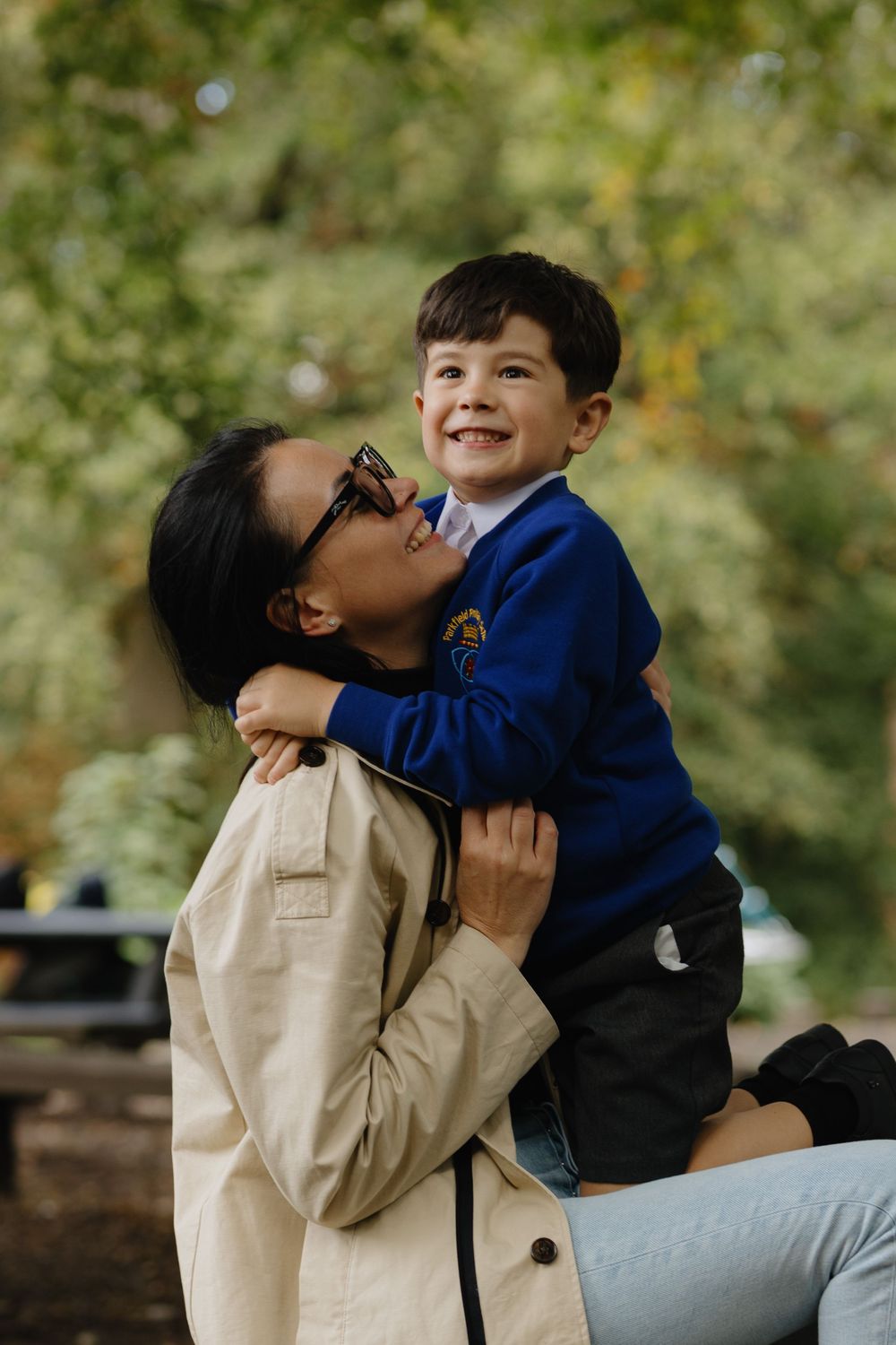 A heartwarming sequence of candid outdoor photos showing tender moments of affection between parent and child.