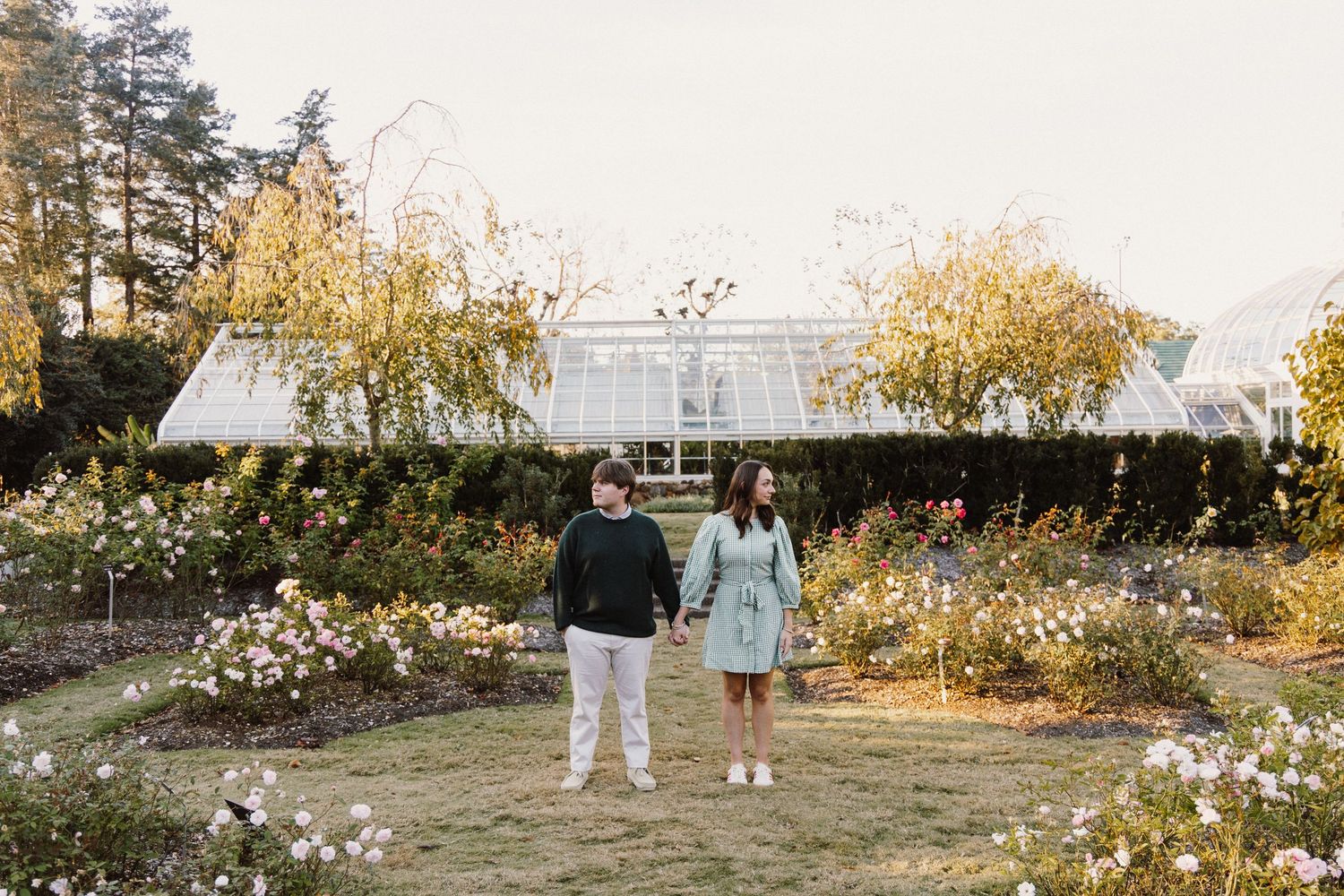 A series of autumn garden photos showing outdoor paths, flowers, and natural scenery at sunset.