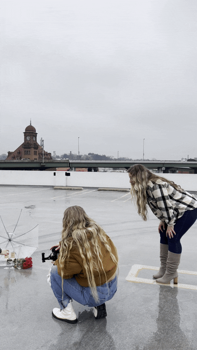 A sequence of photos shows someone ice fishing on a frozen lake with a historic building visible in the background.