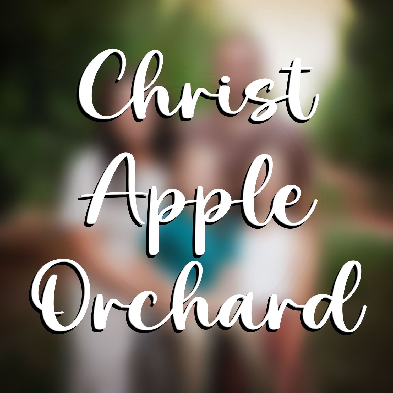 Blurred decorative text overlay with 'Apple Orchard' in white cursive font against a dark background.