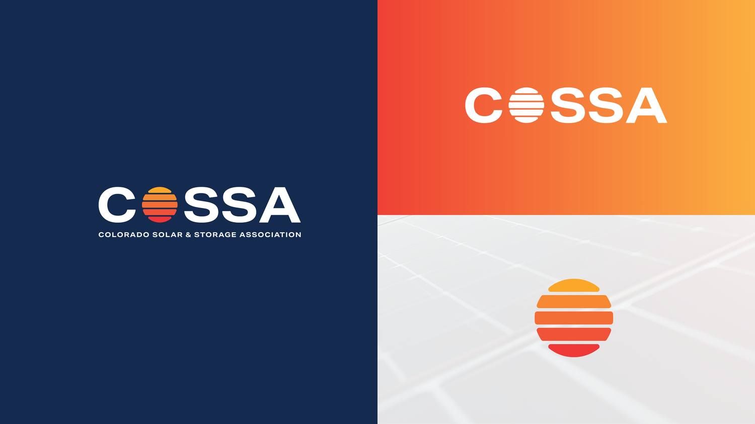 Various COSSA logo layouts featuring sun icon in orange gradient on navy backgrounds.