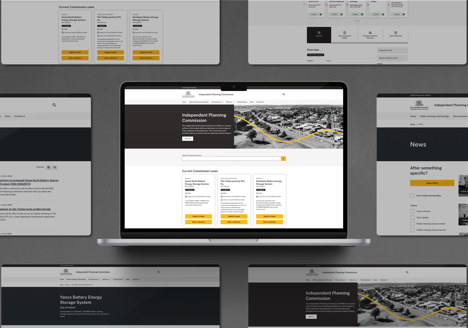 Multiple wireframe mockups of website layouts and user interfaces displayed in a grid pattern against a dark background.