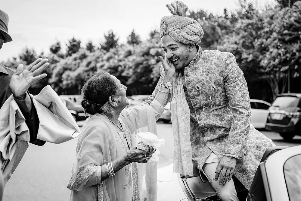A series of black and white wedding photos showing guests and wedding party members at an outdoor celebration.