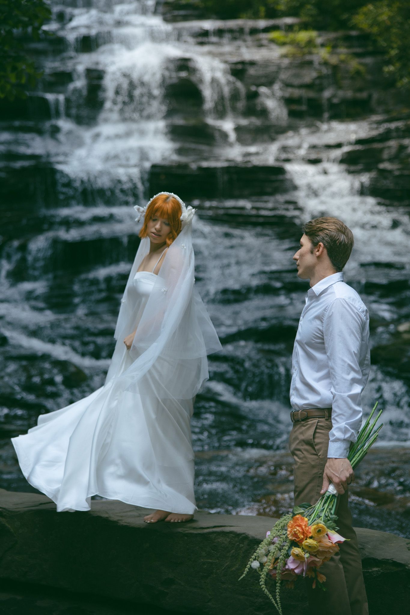 romantic couple waterfall wedding elopement private north carolina wnc sc tn forest elope bride groom