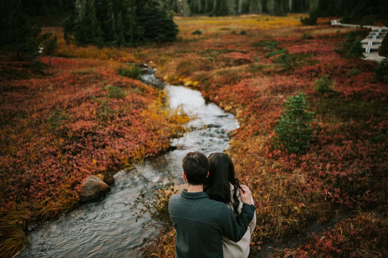 Engagement photographer of couple on Mt. Washington looking at river stream in Paradise Meadows for couple photoshoot Vancouver Island