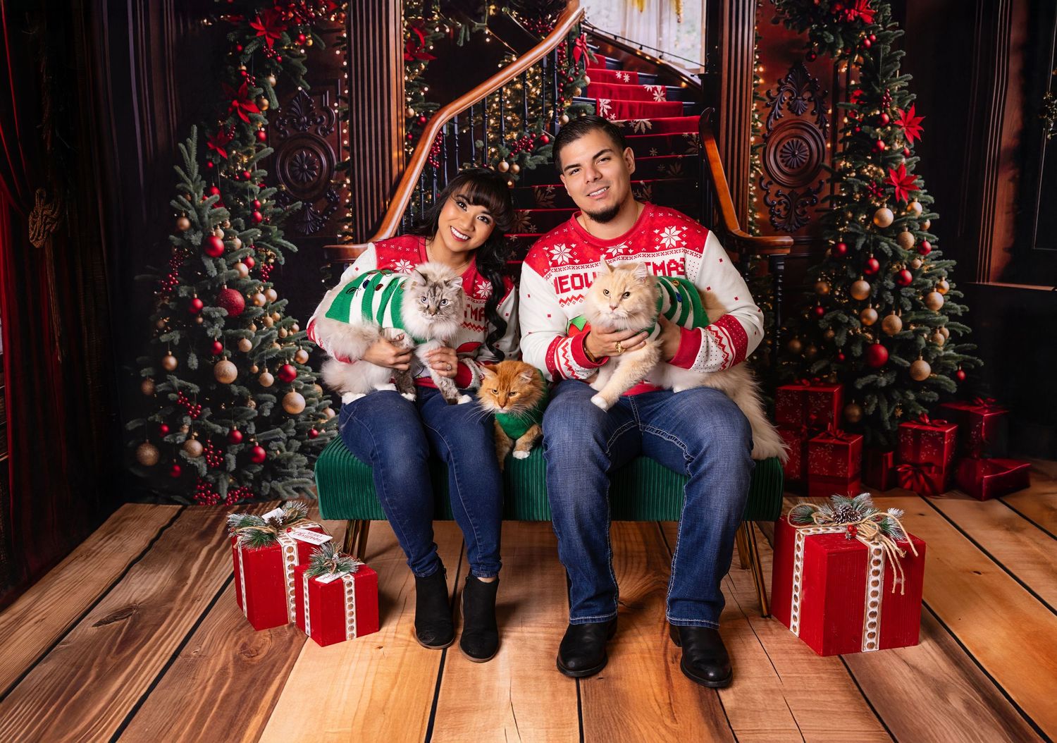 A series of holiday family photos showing people sitting together near Christmas trees and wrapped presents.