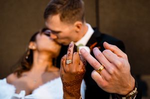 Close-up romantic wedding photography sequence showing tender moments between newlyweds.