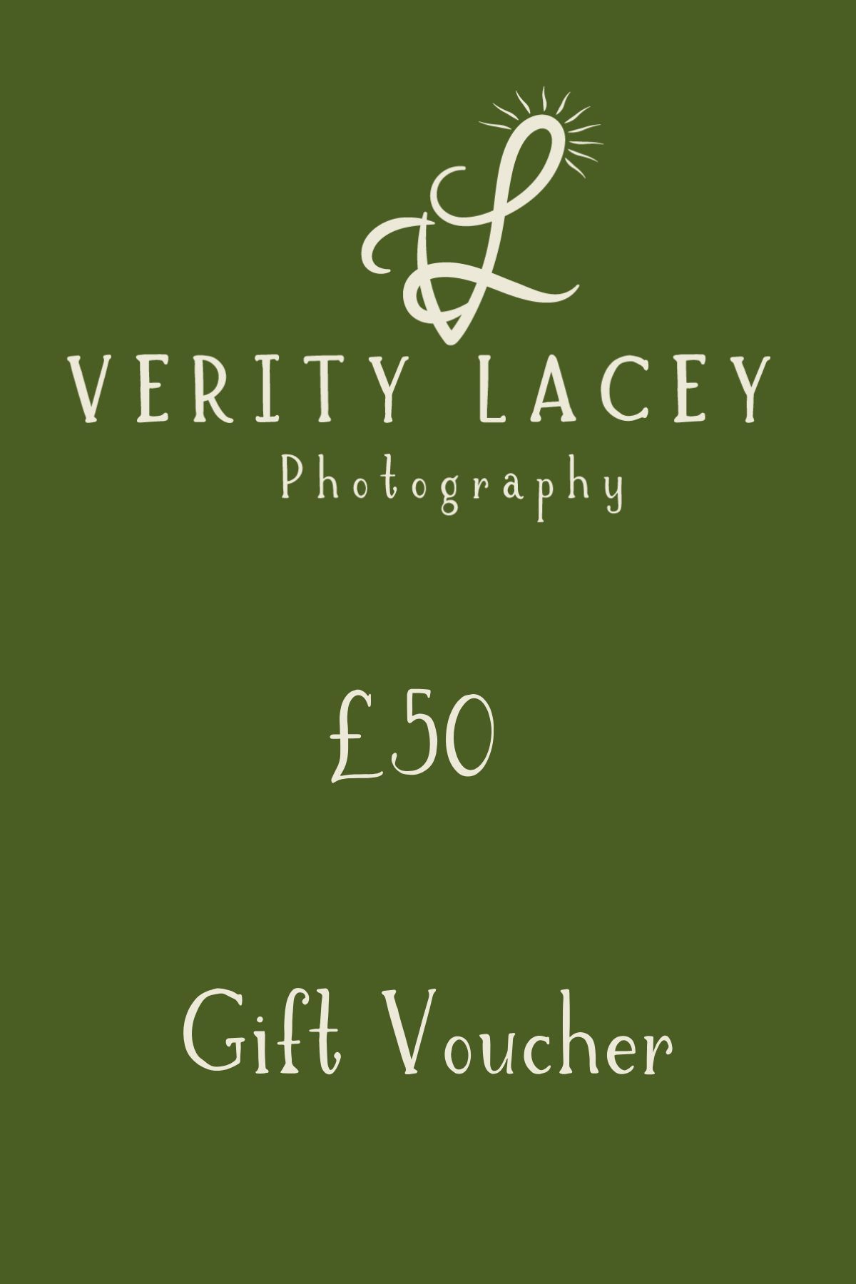 Green gift voucher design for Verity Lacey Photography featuring elegant white text and sun icon.