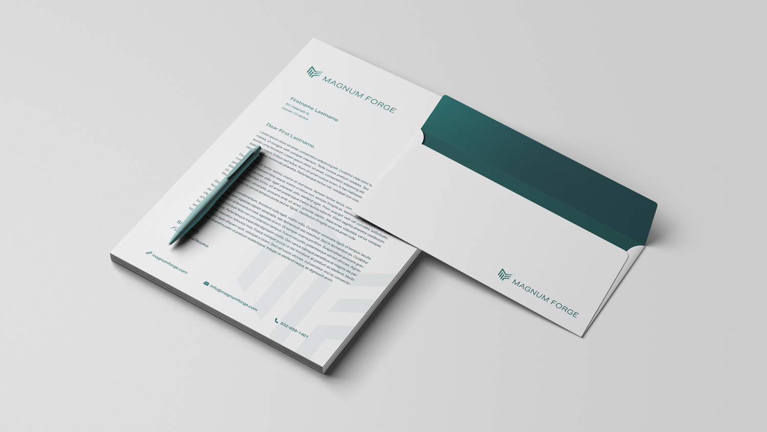 Minimalist business stationery set with envelope and letterhead in teal and white.
