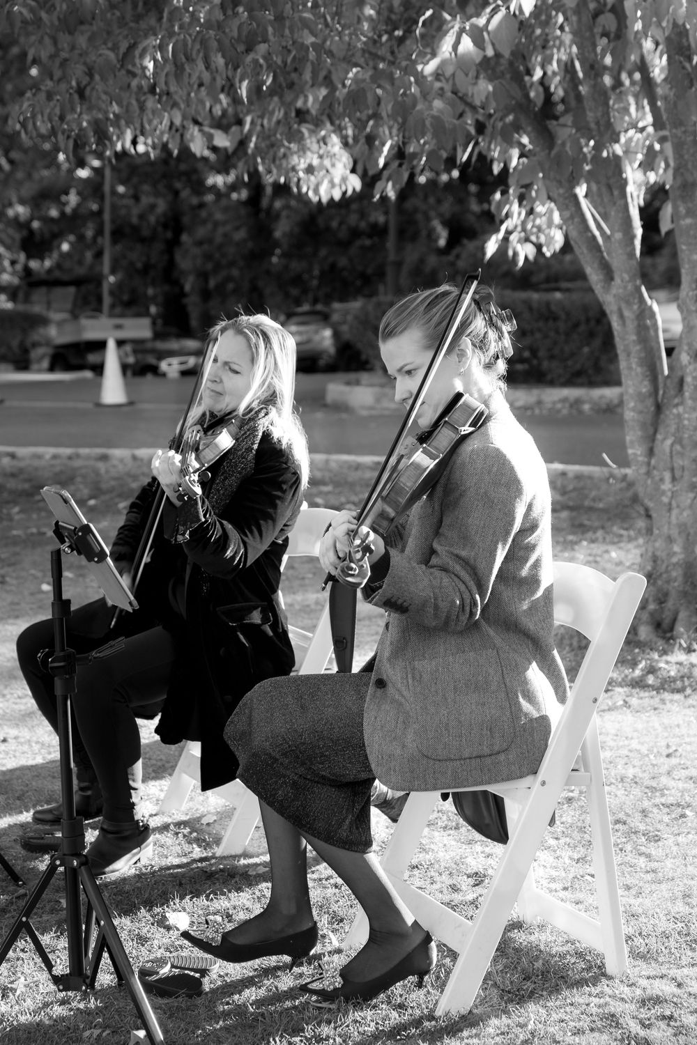 Two musicians perform outdoors on violins while seated in chairs on a lawn in black and white photography.