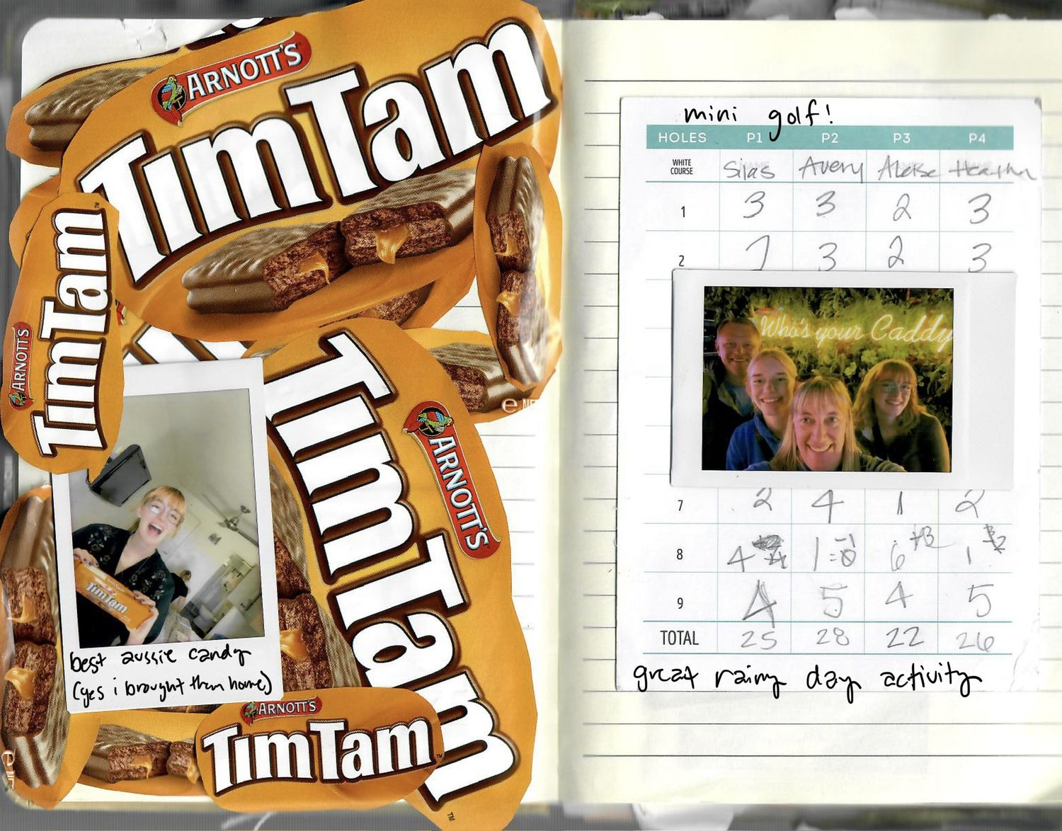 Tim Tam chocolate biscuits and notebooks arranged in a collage-style composition with sketches and papers.
