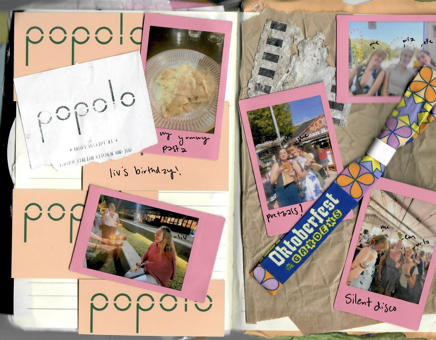 A scrapbook page with polaroid photos, Dubble Bubble gum wrapper, and handwritten 'popolo' text on peach-colored paper.