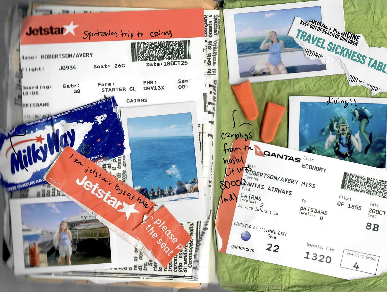 A collage of travel tickets, boarding passes, and vacation photos arranged in a horizontal banner layout.