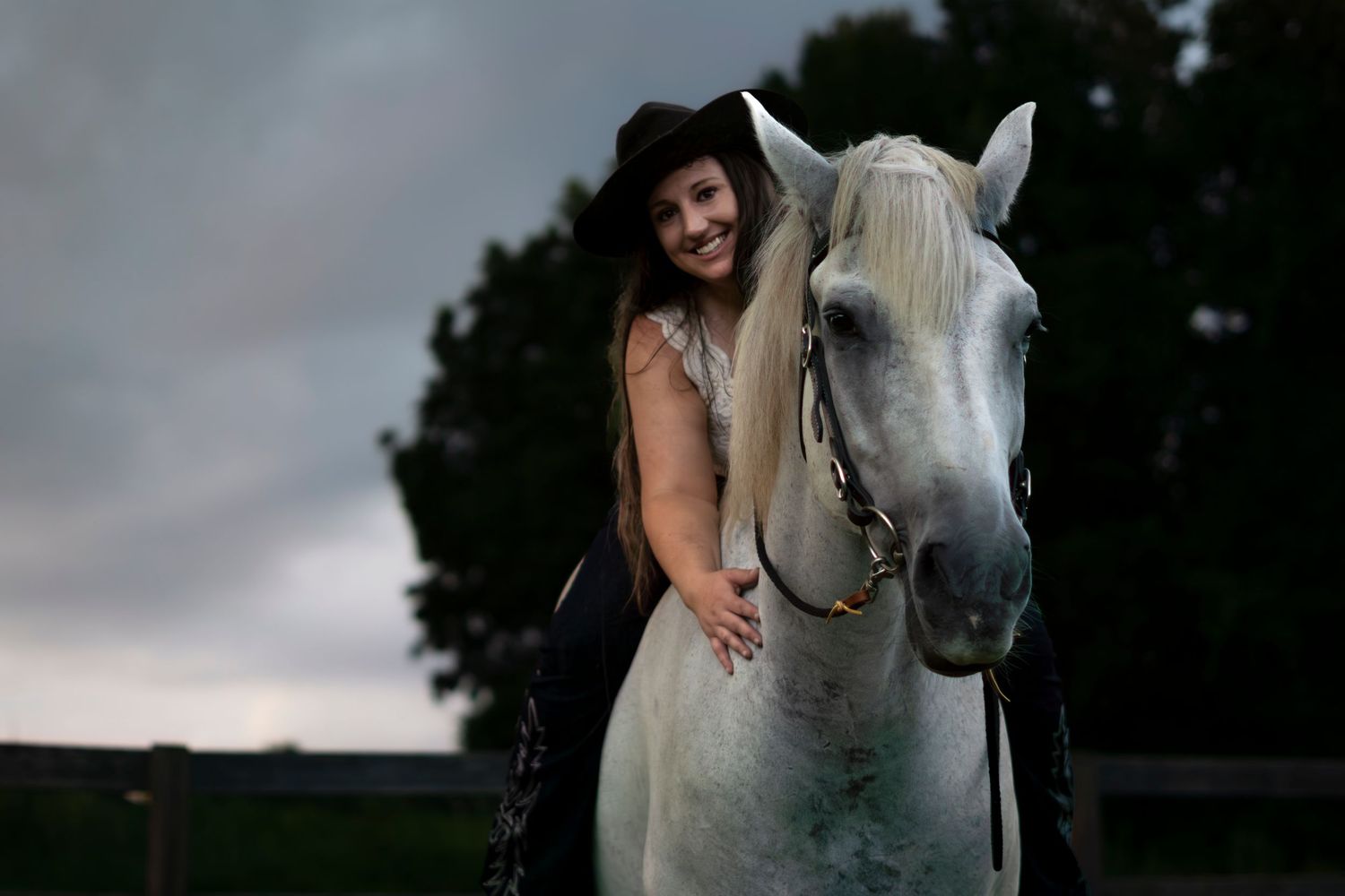 Person riding horse in dark skys