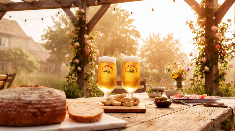 Two glasses of golden beer on a rustic wooden table with bread and snacks in a charming outdoor garden setting.