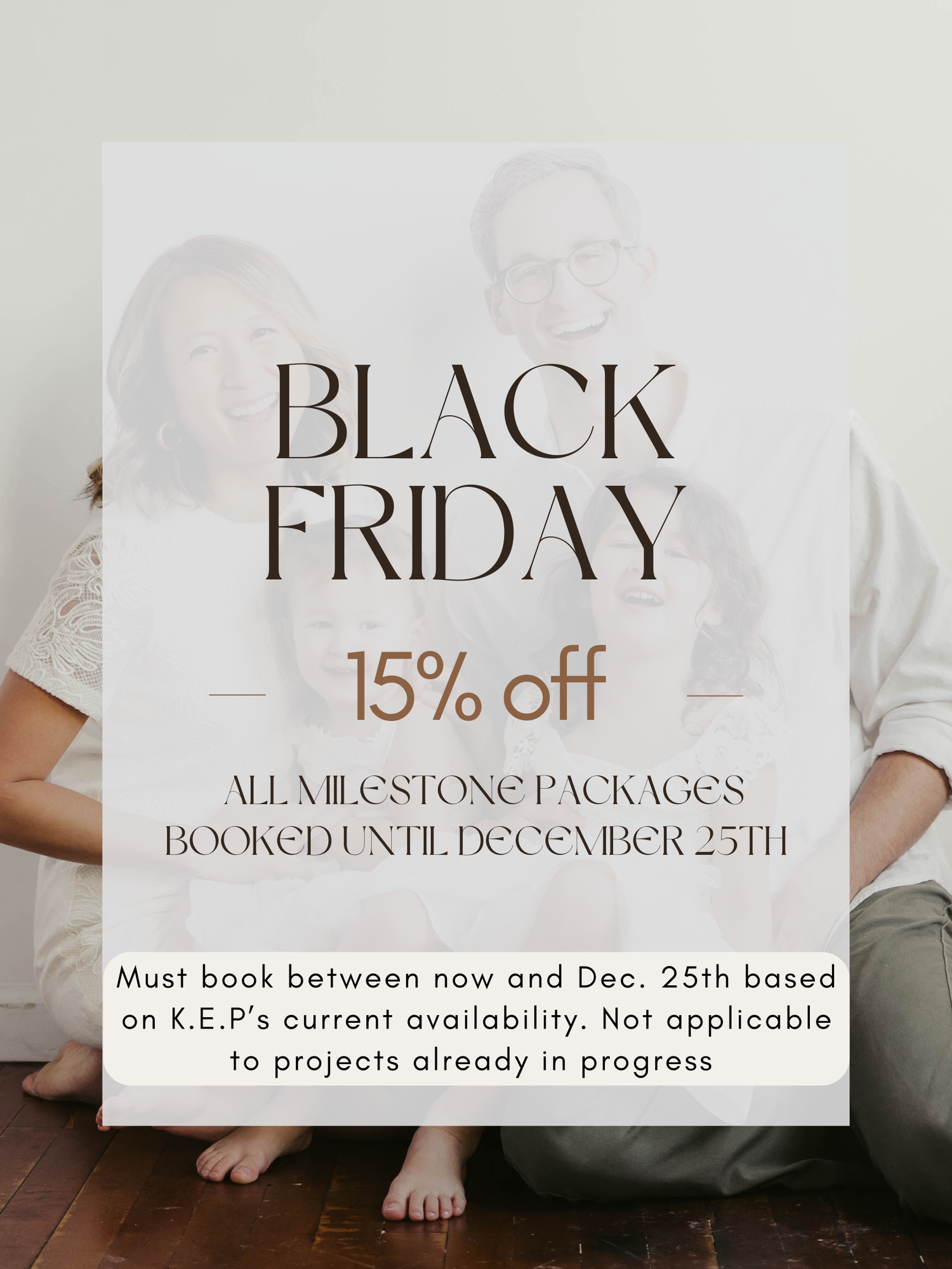 Minimalist Black Friday promotional banner with 15% off text and booking details in elegant neutral tones.