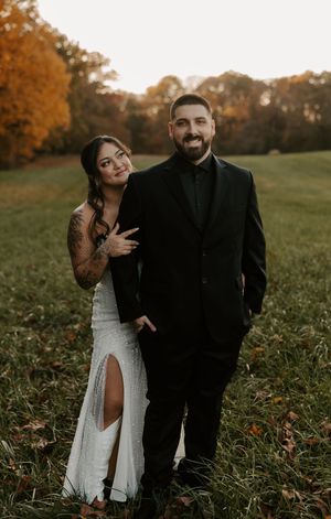 Playful wedding photography sequence showing couple's interaction in autumn landscape.