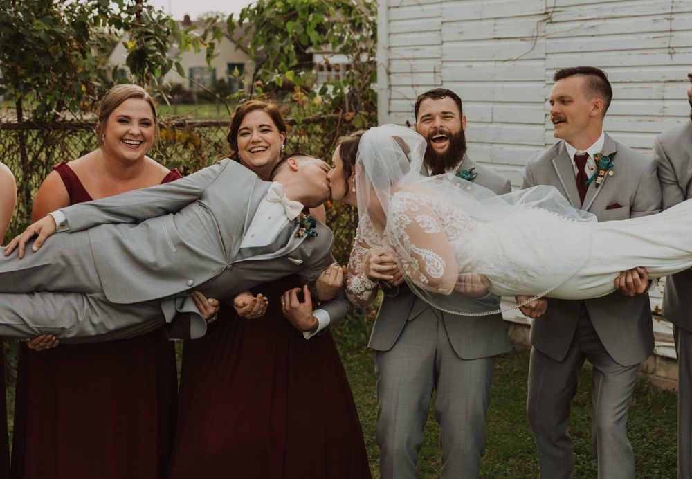 Wedding party creates dynamic photo sequence outside white building with natural backdrop.