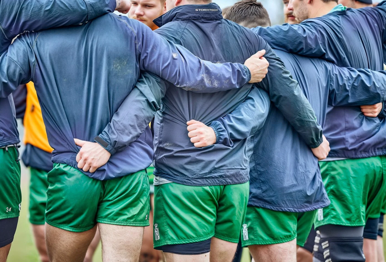 Rugby players in navy jackets and green shorts huddle together during a team meeting on the field.