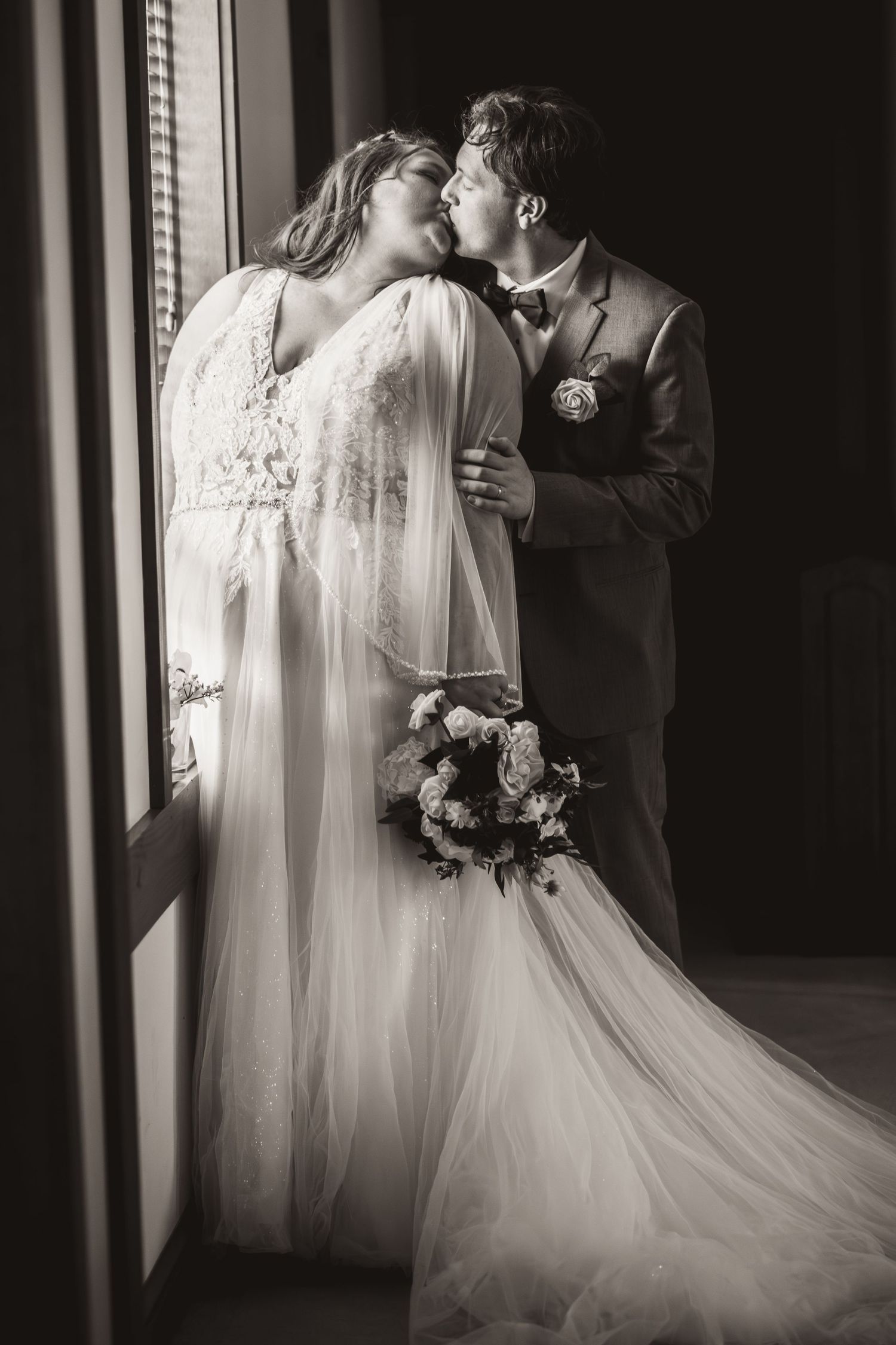 Black & White Bride & Groom with Veil Wedding Photo